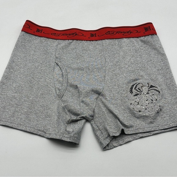 Ed Hardy Logo Red Band Eagle Skull Snake Heather Grey Soft Boxers Men's - Picture 1 of 7